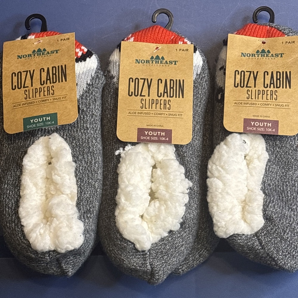 3 Pair Lot Of Youth Shoe Size 10K- 4 Northeast Cozy Cabin Slippers Aloe Infused